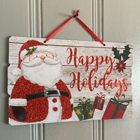 NWT Gleaming Red Glittered Santa Happy Holidays Planked Wood Decoration Sign - Picture 15 of 17